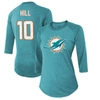 MAJESTIC MAJESTIC THREADS TYREEK HILL AQUA MIAMI DOLPHINS NAME & NUMBER RAGLAN 3/4 SLEEVE T-SHIRT