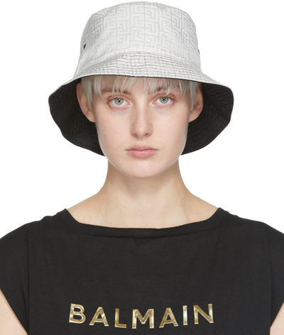 Balmain White And Black Reversible Monogram Bucket Hat In Noir Blanc