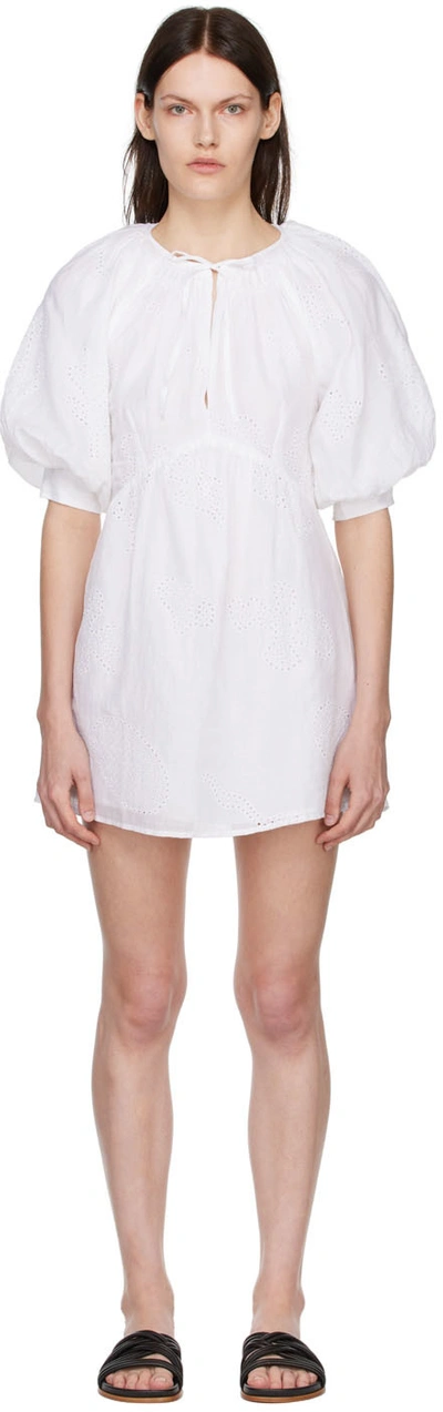Frame Eyelet Puffed-sleeve Mini Dress In Blanc