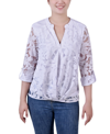 Ny Collection Plus Size Long Sleeve Burnout Y-neck Blouse In White Scrolleaf