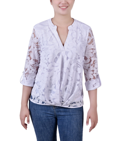 Ny Collection Plus Size Long Sleeve Burnout Y-neck Blouse In White
