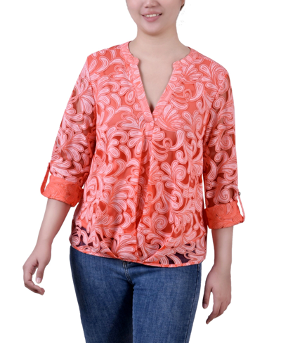 Ny Collection Petites Womens Floral Print V-neck Pullover Top In Orange