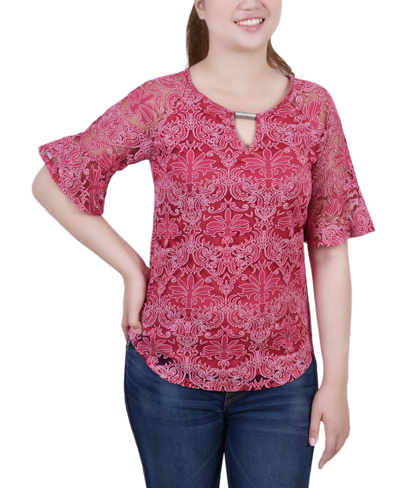 Ny Collection Petite Short Bell Sleeve Lace Blouse In Jazzy Starthrone
