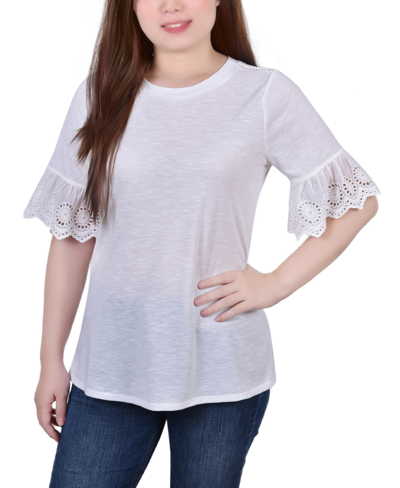 Ny Collection Petite Short Bell Sleeve Slubbed Top In White