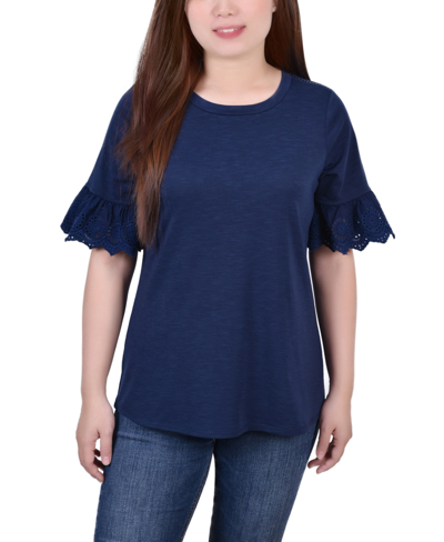 Ny Collection Petite Short Bell Sleeve Slubbed Top In Blue