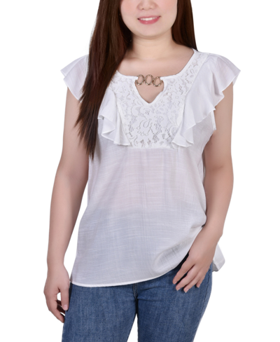 Ny Collection Petite Sleeveless Flutter Yoke Blouse In White