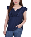 Ny Collection Plus Size Sleeveless Flutter Yoke Blouse In Navy