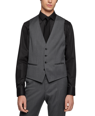 Hugo Boss Single-breasted Waistcoat In Virgin-wool Serge In Dark Grey