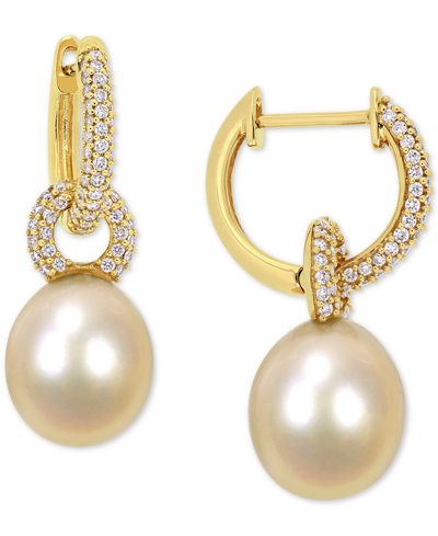 Macy's Cultured Golden South Sea Oval Pearl (9mm) & Diamond (1/2 Ct. T.w.) Dangle Huggie Hoop Earrings In 1