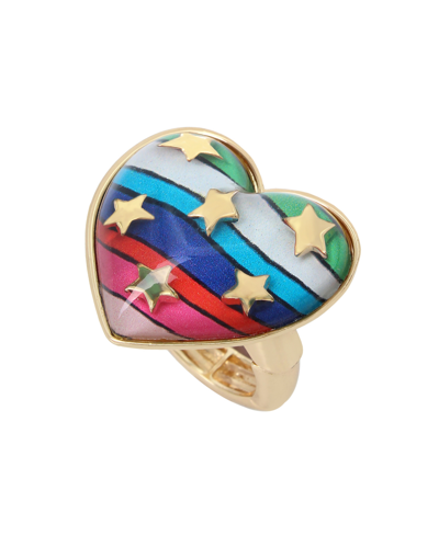 Betsey Johnson Rainbow Heart Stretch Ring In Rainbow Multi