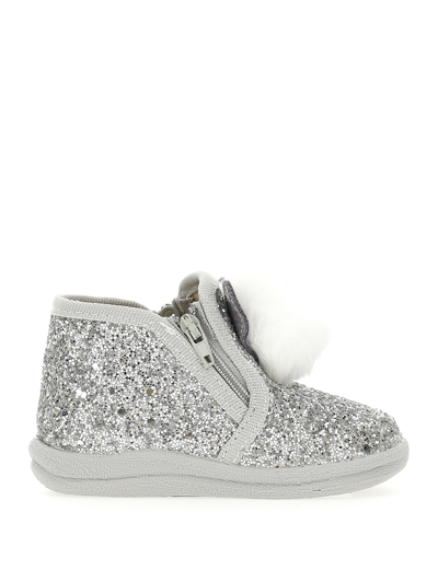 Monnalisa Glitter Slippers With Pompoms In Silver Glitter