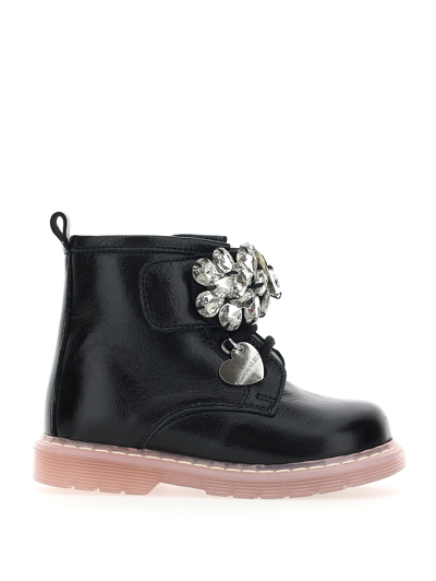 Monnalisa Patent Leather Combat Boots With Rhinestones In Black