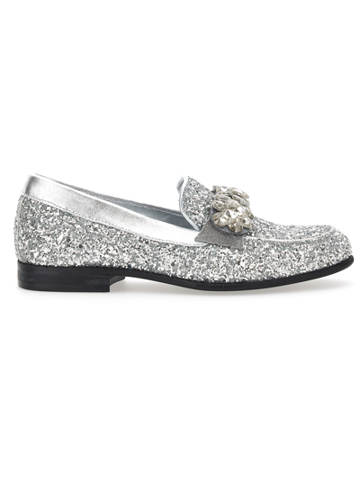 Monnalisa Glitter Moccasins With Bezels In Silver Glitter