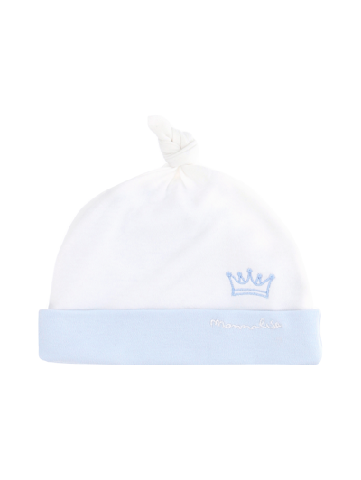 Monnalisa Kids'   Cotton Bonnet With Embroidery In Cream White + Sky Blue