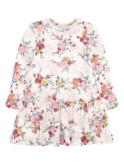 Monnalisa Kids'   Low-waisted Floral Jersey Dress In Ecru