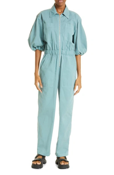 Sea Sia Puff Sleeve Cotton Utility Jumpsuit In Blue