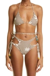HOUSE OF AAMA BEADED CHECKERBOARD PRINT CUTOUT TWO-PIECE SWIMSUIT
