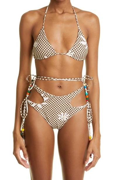 House Of Aama Beaded Checkerboard Print Cutout Two-piece Swimsuit In Oat/ Brown