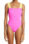 Versace Greca-pattern Scoop-back Swimsuit In Fuxia Yellow