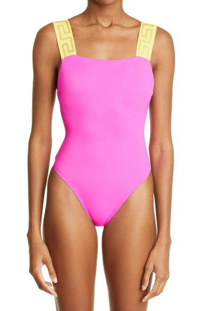Versace Greca-pattern Scoop-back Swimsuit In 2pa50 Fuxia+yellow