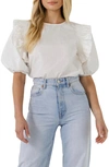 English Factory Bow Banded Puff Sleeve Blouse In White
