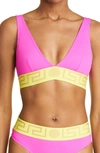 Versace Greek Monogram Triangle Bikini Top In Fuxia Yellow
