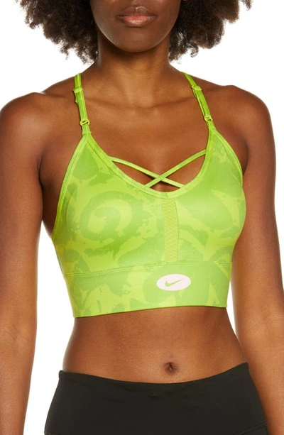 Nike Dri-fit Indy Icon Clash All Over Print Sports Bra In Lime-green
