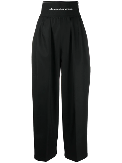 Alexander Wang Jacquard-trimmed Pleated Cotton-blend Twill Wide-leg Pants In Black