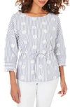 Foxcroft Marina Sea Stripe Embroidered Top In Malibu Blue