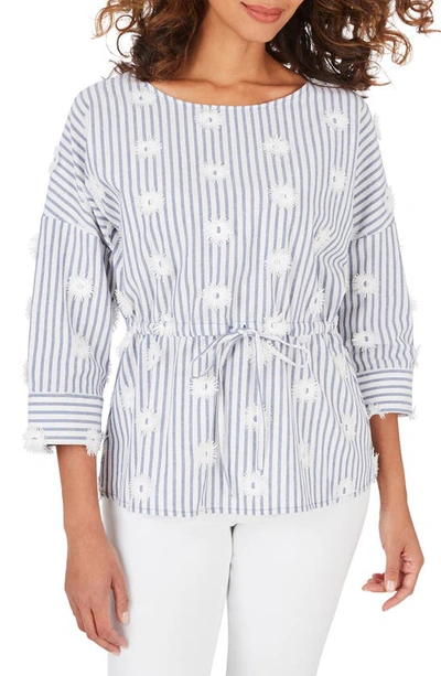 Foxcroft Marina Sea Stripe Embroidered Top In Malibu Blue