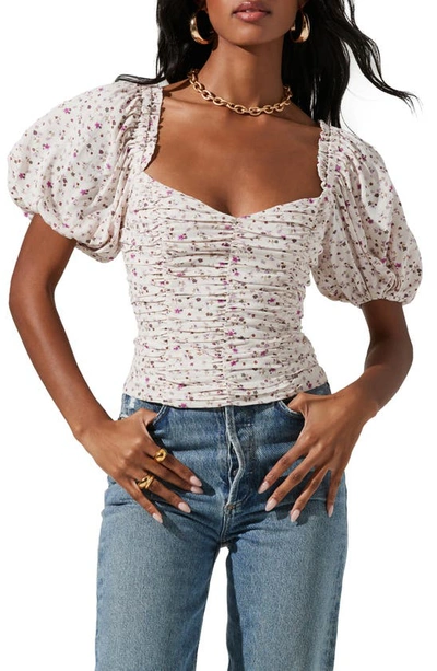 Astr Floral Ruched Puff Sleeve Top In Cream Lavender Ditsy