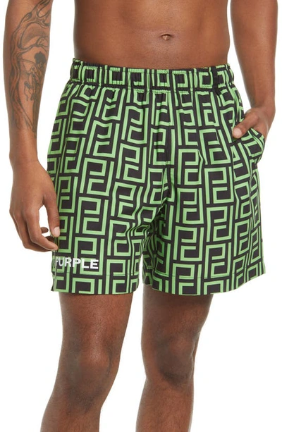 Purple Brand Cypher Print Swim Trunks In Printed Short Cypher Green