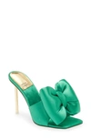 Jeffrey Campbell Bow Down Slide Sandal In Green Satin Gold