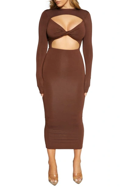 Naked Wardrobe Smooth Twist Front Cutout Long Sleeve Midi Dress In  Chocolate | ModeSens