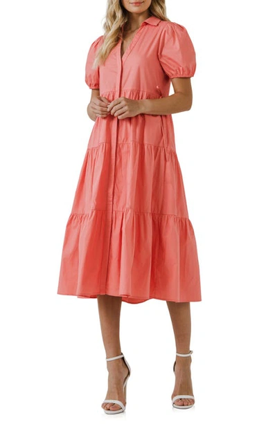 English Factory Tiered Puff Sleeve Poplin Midi Dress In Coral