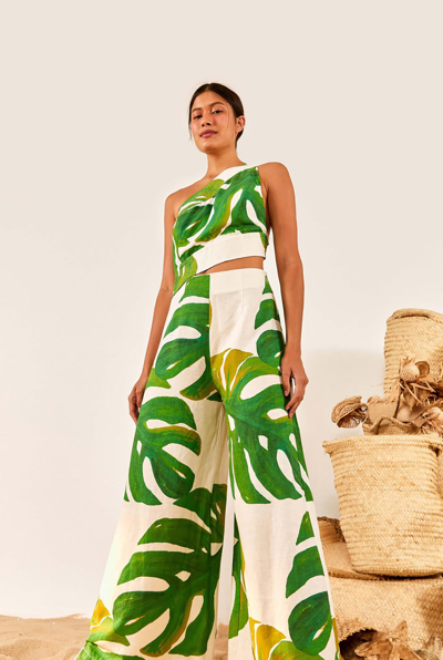 Farm Rio Monstera One-shoulder Cut-out Jumpsuit In Off White