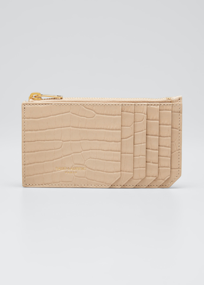 Saint Laurent Zip Fragment Croc-embossed Leather Card Case In Dark Beige