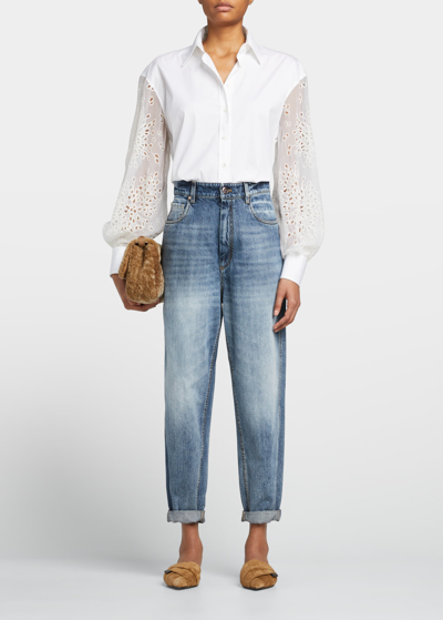 Brunello Cucinelli Organza Cutout Poplin Button-down Shirt In C159 White