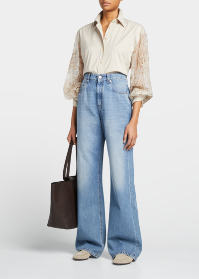 Brunello Cucinelli Organza Cutout Poplin Button-down Shirt In Cwm58 Oat