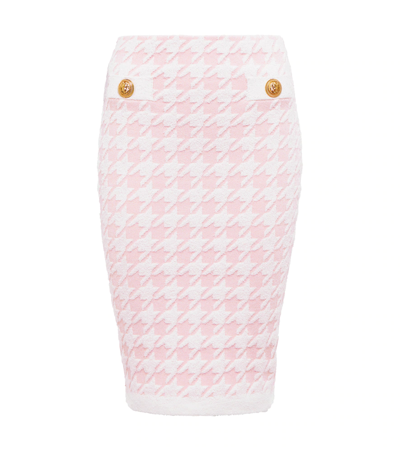 Balmain Button-embellished Houndstooth Jacquard-knit Skirt In White,pink