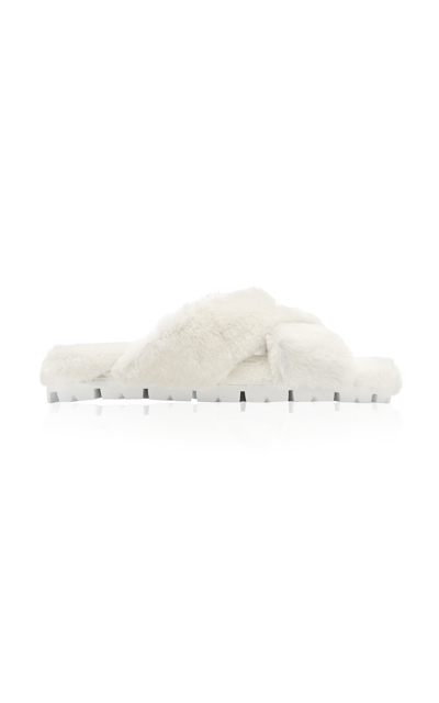 Prada Shearling Crisscross Slide Sandals In Cornflower