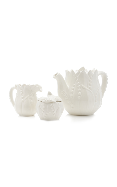 Moda Domus Lily Of The Valley Ceramic Teapot; Cream; And Sugar Set In White