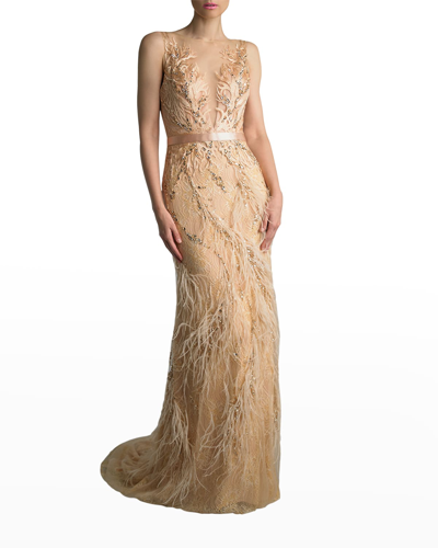 Basix Illusion Burnout Feathered Sleeveless Gown In Champagne Gold