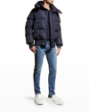 Alexander Mcqueen Men's Graffiti Logo Hooded Down Puffer Jacket In Blue-fuxia