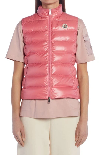 Moncler Ghany Nylon Laqué Down Puffer Vest In Pink