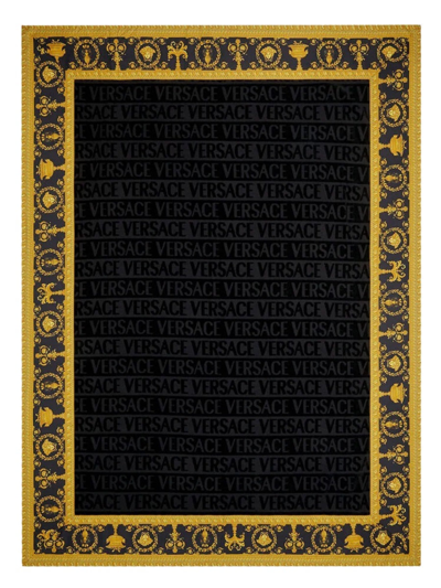 Versace Gold And Blue Cotton Baroque Towel In Black/gold