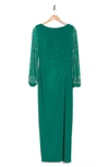Marina Beaded Long Sleeve Maxi Gown In Emer