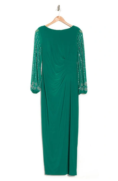 Marina Beaded Long Sleeve Maxi Gown In Emer