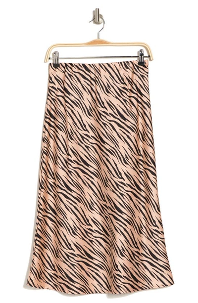 Renee C Satin Zebra Print Midi Skirt In Taupe