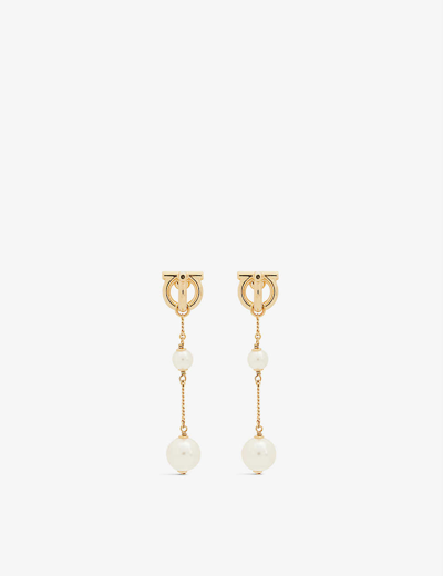 Ferragamo Double Pearl Gancini Pendant Earrings In Grey